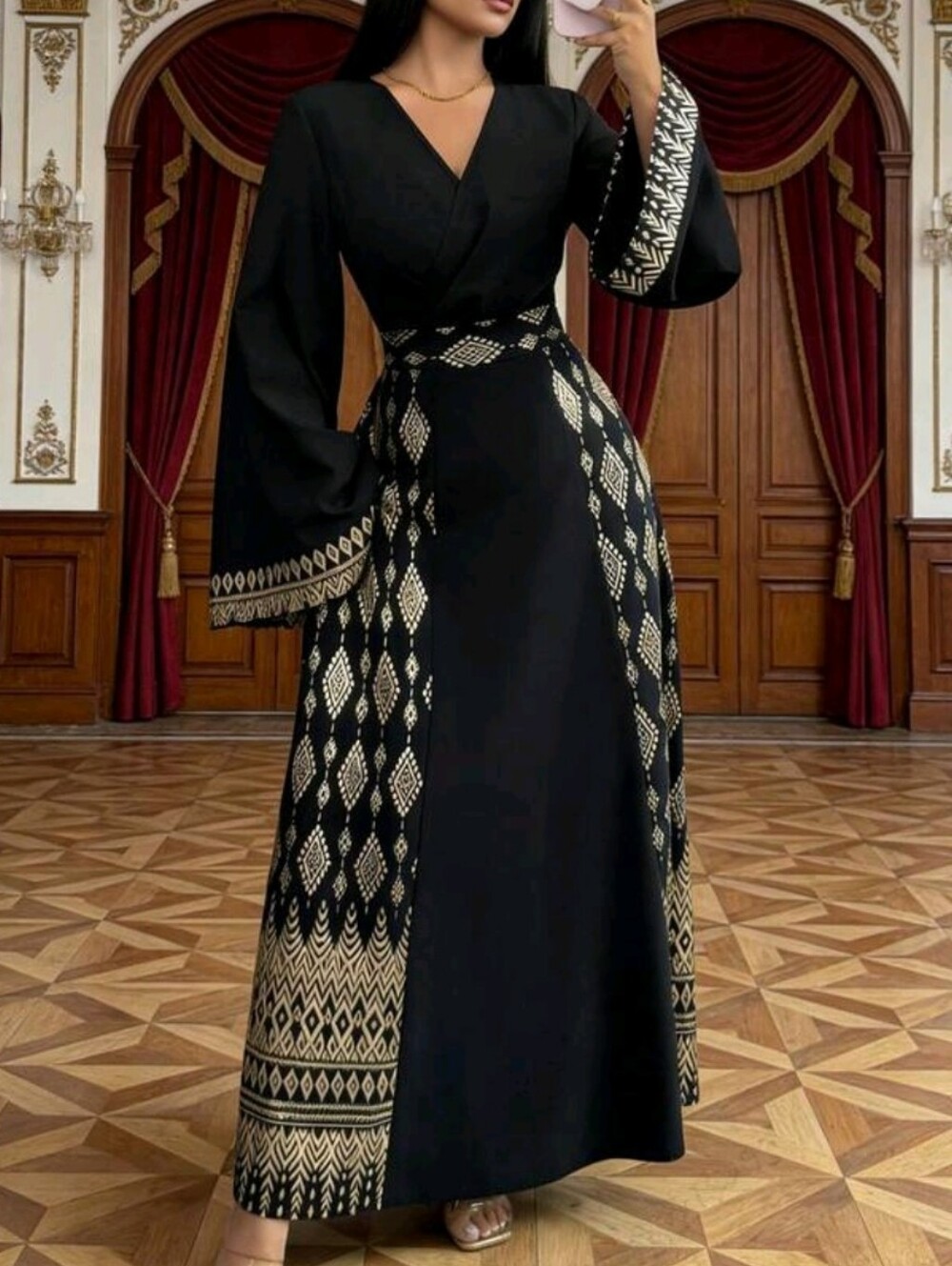 Black Maxi Dress with Gold Geometric Trim